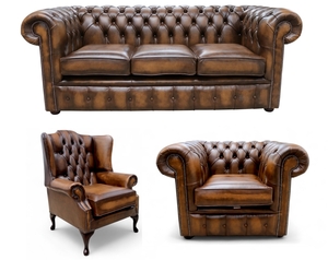 Chesterfield Leather 3 Seater + Mallory Wing Chair + Club Chair Sofa Offer Antiq